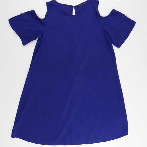 Marks and Spencer Womens Blue Polyester A-Line Size L Boat Neck Button - Cold Shoulder