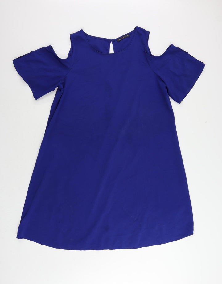 Marks and Spencer Womens Blue Polyester A-Line Size L Boat Neck Button - Cold Shoulder