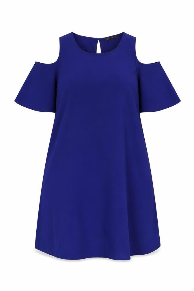 Front view of Marks & Spencer women’s blue polyester a-line, size L, boat neck button - cold shoulder