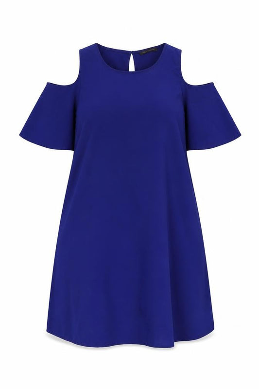 Front view of Marks & Spencer women’s blue polyester a-line, size L, boat neck button - cold shoulder