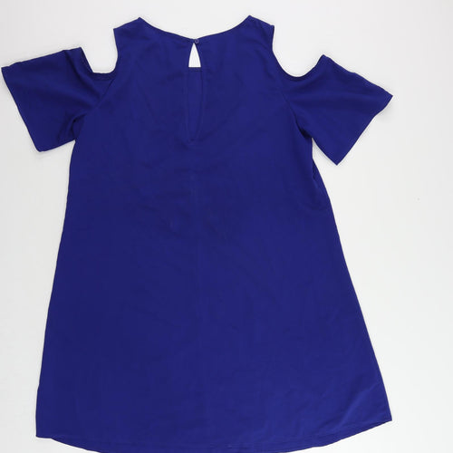 Marks and Spencer Womens Blue Polyester A-Line Size L Boat Neck Button - Cold Shoulder