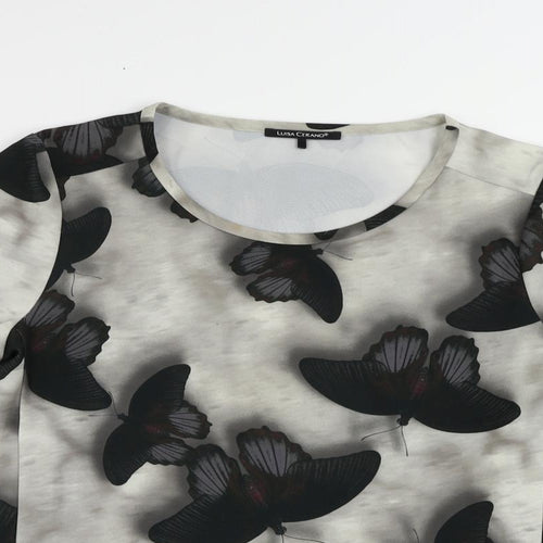 LUISA CERANO Womens Grey Geometric Polyester Basic Blouse Size 14 Boat Neck - Butterfly Pattern