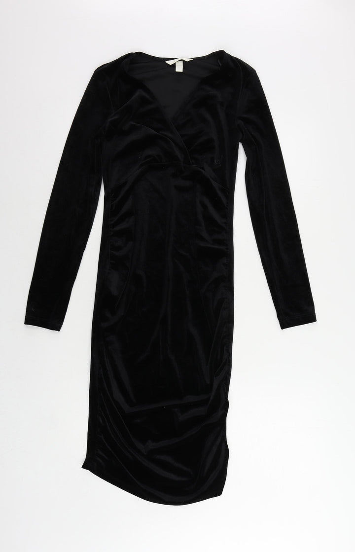 H&M Womens Black Polyester Bodycon Size S V-Neck Pullover