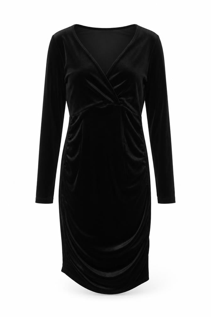 Front view of H&M women’s black polyester bodycon, size S, v-neck pullover