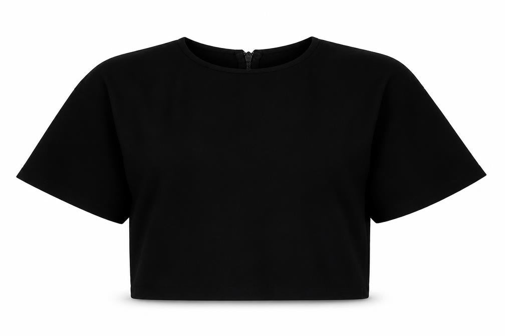 Front view of ASOS women’s black polyester cropped blouse, size UK 10, round neck