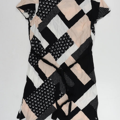New Look Womens Black Geometric Viscose Shift Size 10 Boat Neck Button - Belted