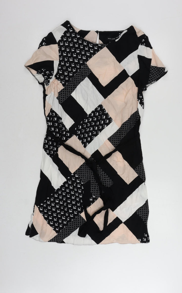 New Look Womens Black Geometric Viscose Shift Size 10 Boat Neck Button - Belted