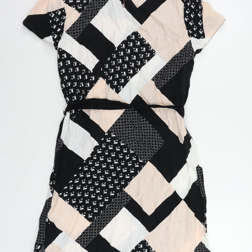 New Look Womens Black Geometric Viscose Shift Size 10 Boat Neck Button - Belted