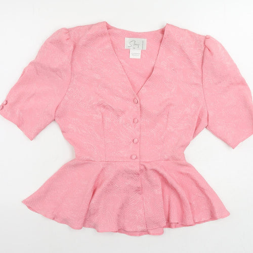 Shy Womens Pink Polyester Basic Blouse Size 12 V-Neck - Bow Peplum