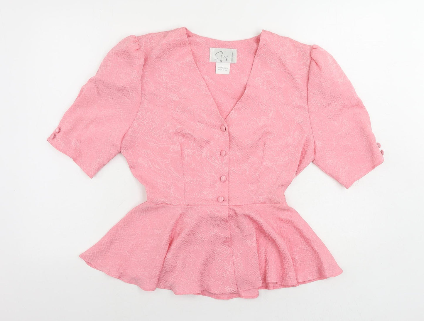 Shy Womens Pink Polyester Basic Blouse Size 12 V-Neck - Bow Peplum