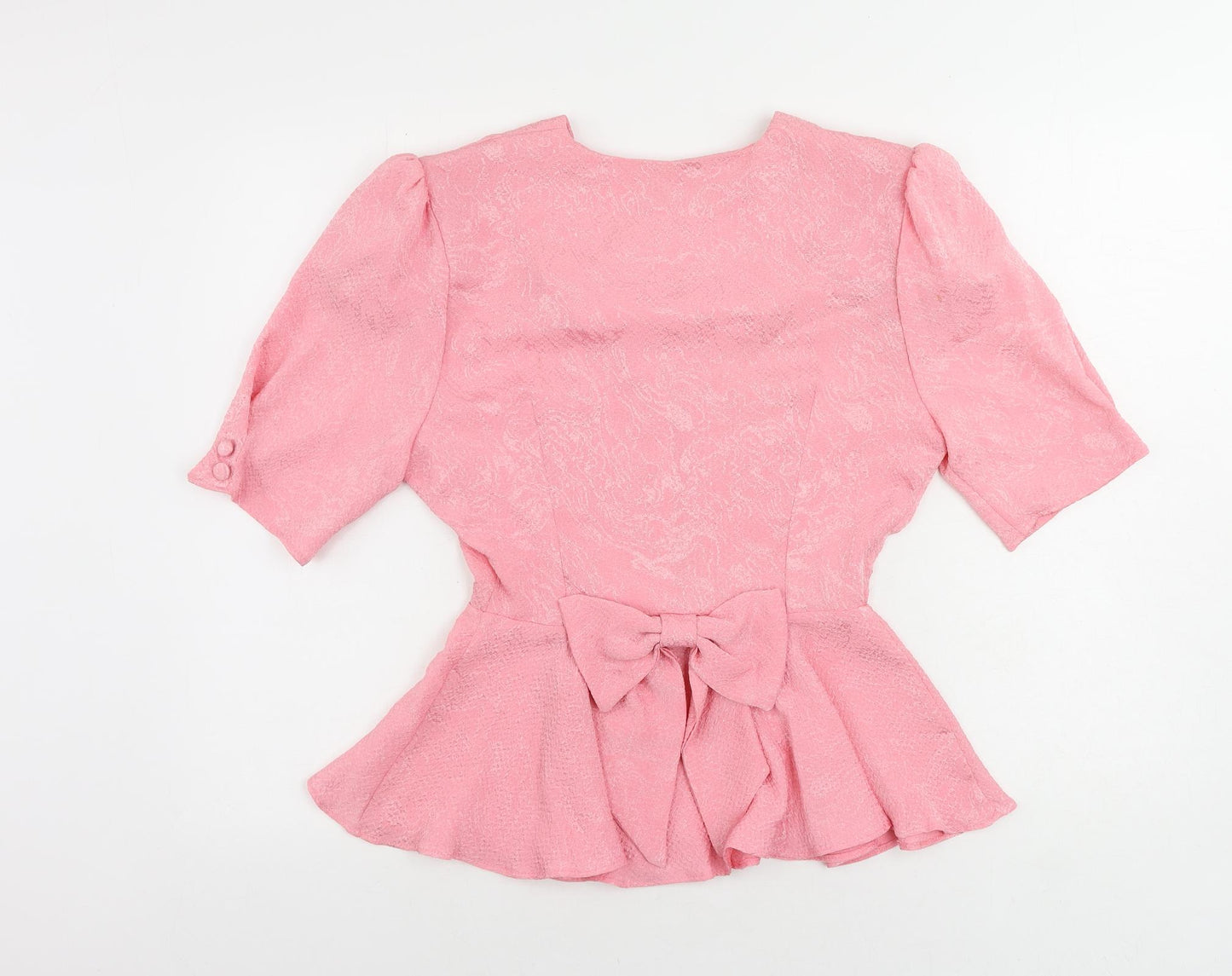 Shy Womens Pink Polyester Basic Blouse Size 12 V-Neck - Bow Peplum