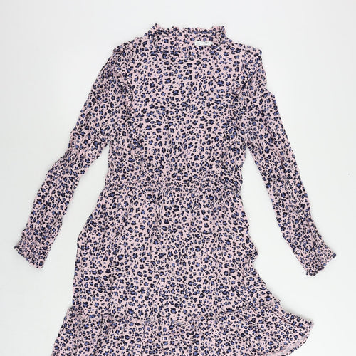 Marks and Spencer Girls Pink Floral Viscose Fit & Flare Size 15-16 Years Mock Neck Zip - Ruffle