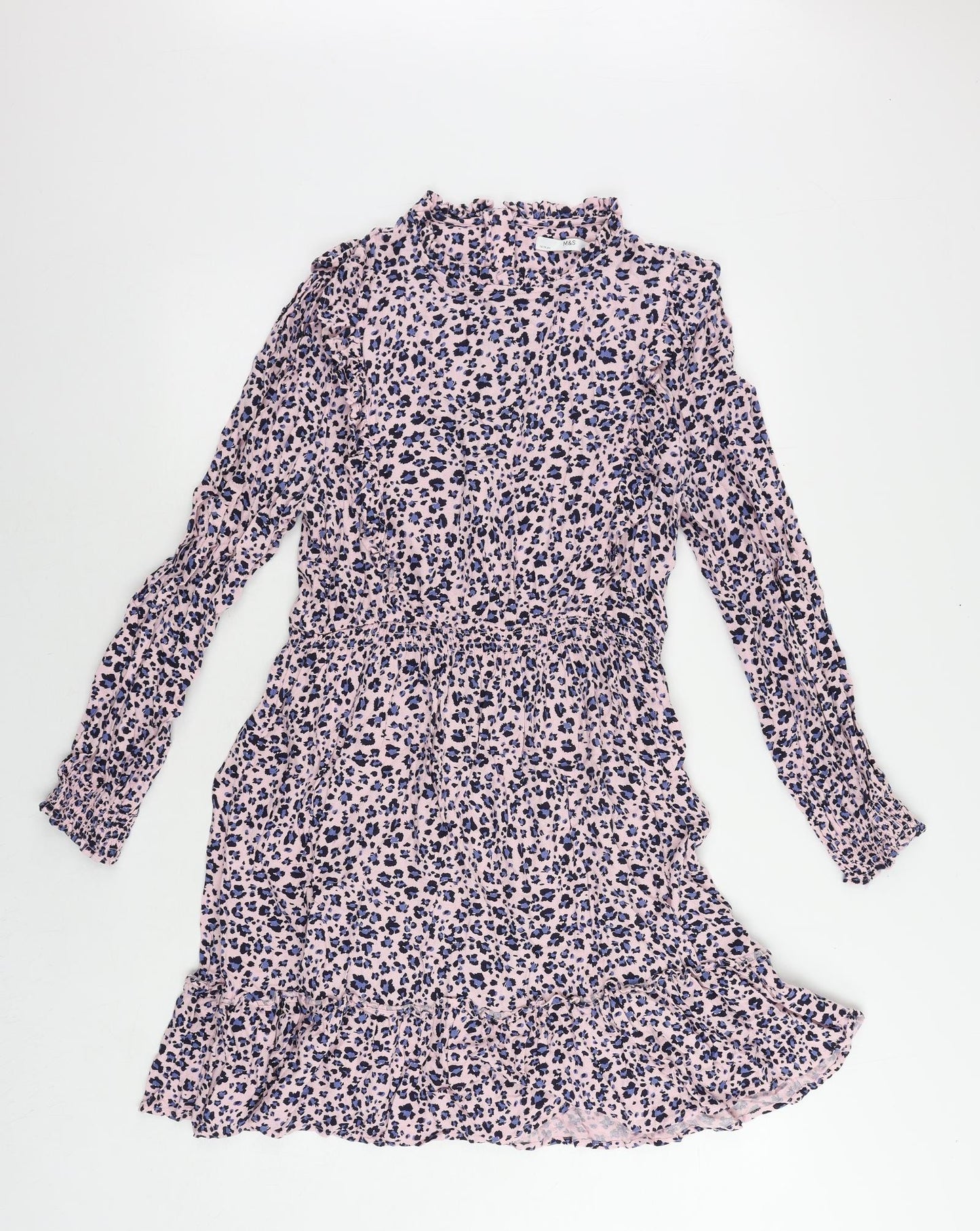 Marks and Spencer Girls Pink Floral Viscose Fit & Flare Size 15-16 Years Mock Neck Zip - Ruffle