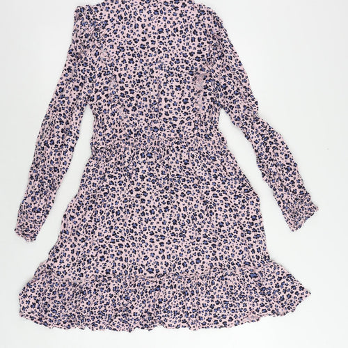 Marks and Spencer Girls Pink Floral Viscose Fit & Flare Size 15-16 Years Mock Neck Zip - Ruffle