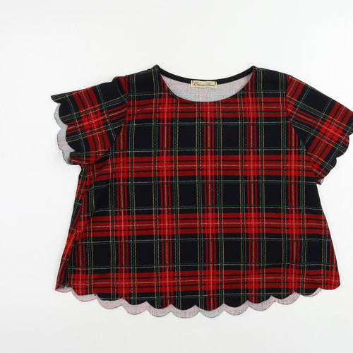 Cameo Rose Womens Red Plaid Polyester Basic Blouse Size 8 Round Neck - Scalloped