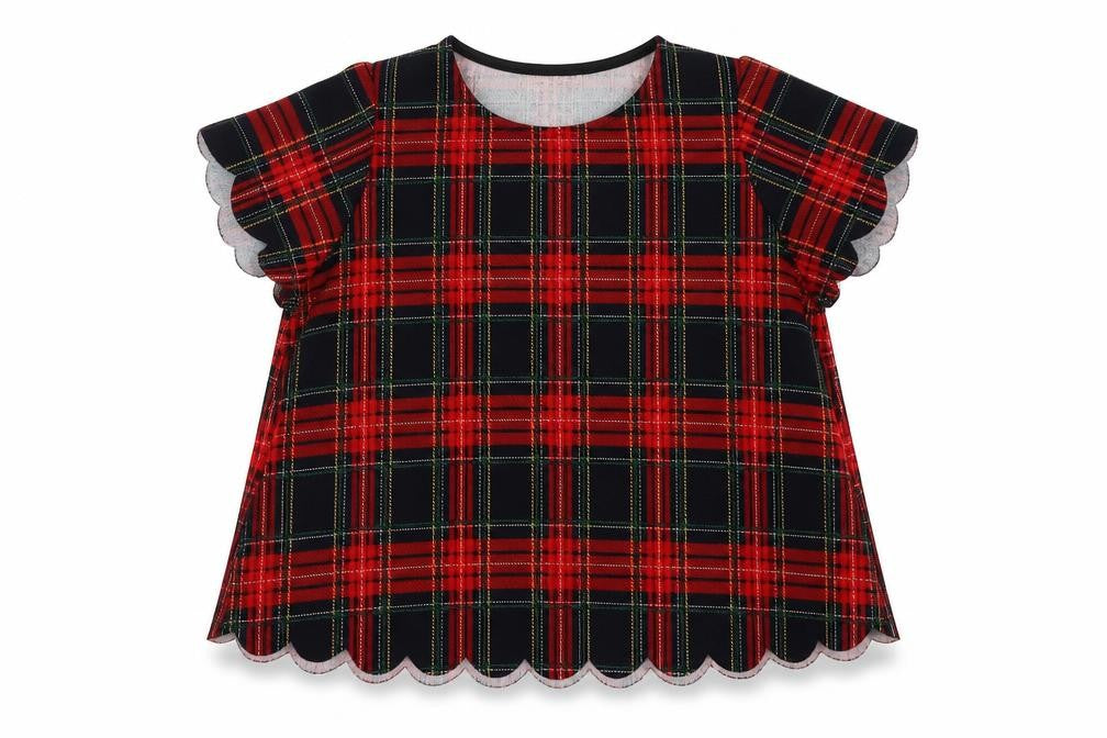 Front view of Cameo Rose women’s red plaid polyester basic blouse, size UK 8, round neck - scalloped