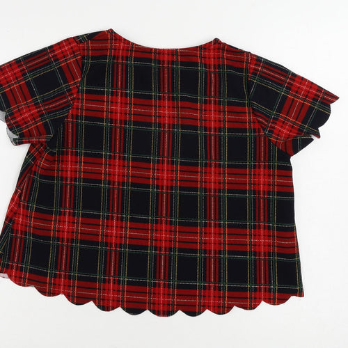 Cameo Rose Womens Red Plaid Polyester Basic Blouse Size 8 Round Neck - Scalloped