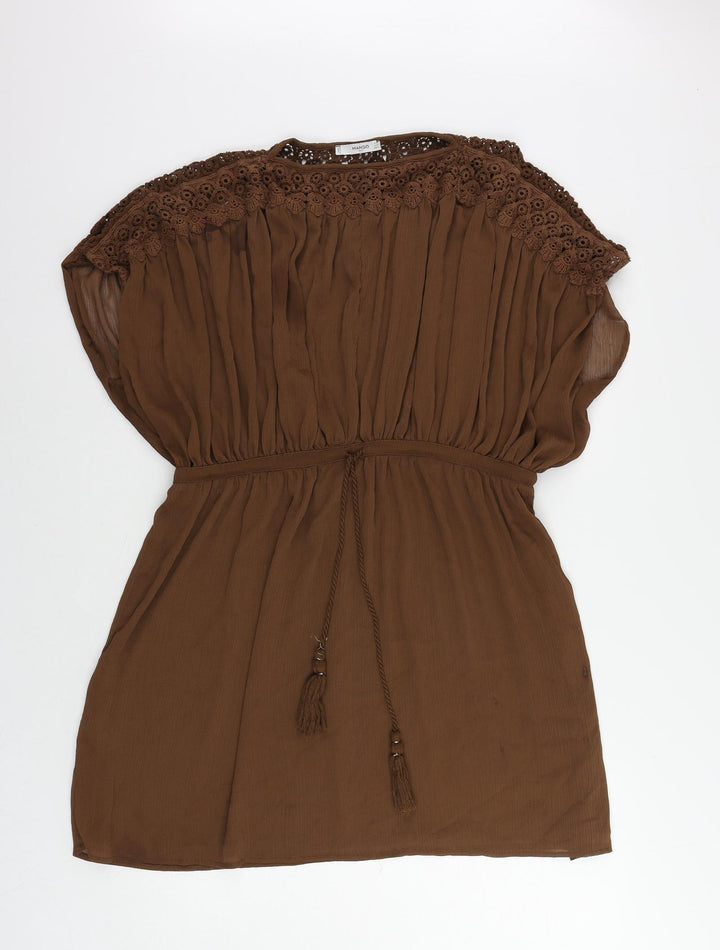 Mango Womens Brown Polyester Mini Size S Round Neck Drawstring - Adjustable Waist