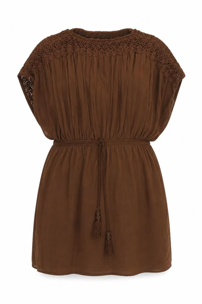 Front view of Mango women’s brown polyester mini, size S, round neck drawstring - adjustable waist
