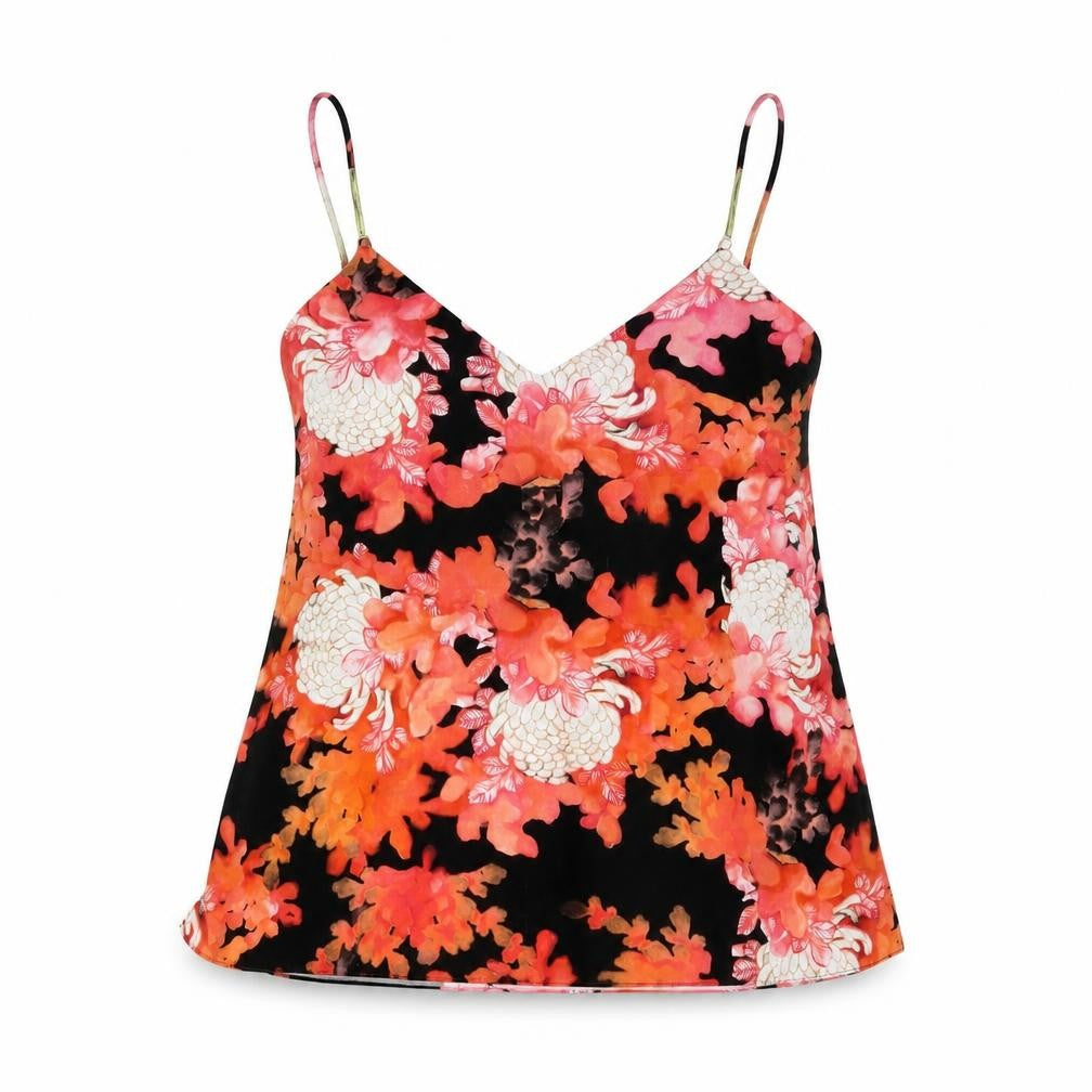 Front view of River Island women’s red floral polyester camisole tank, size UK 12, v-neck