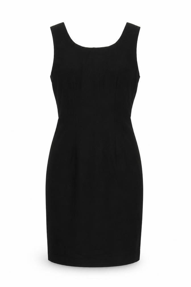 Front view of Warehouse women’s black polyester pencil dress, size UK 10, scoop neck zip