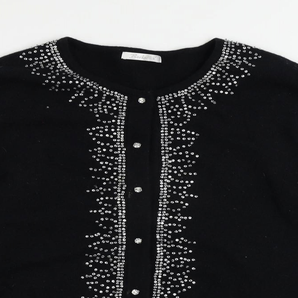 Berkertex Womens Black Round Neck Wool Cardigan Jumper Size 16 - Embellished