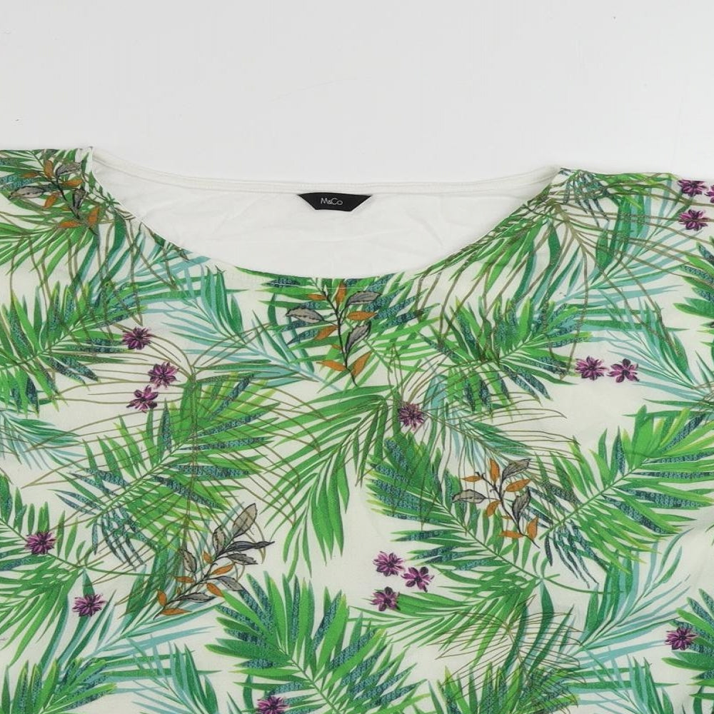 M&Co Womens White Floral Polyester Basic Blouse Size 14 Boat Neck
