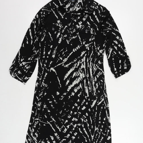 Saint Tropez Womens Black Geometric Polyester Shirt Dress Size 6 Collared Button