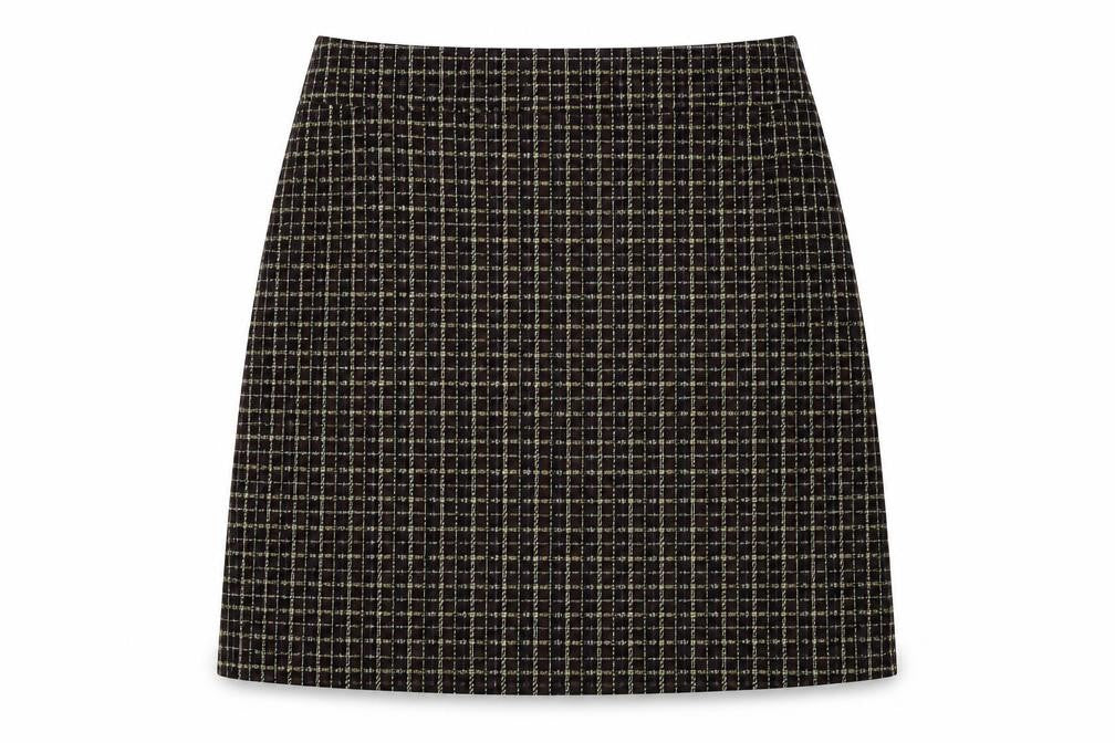 Front view of LOFT women’s black check polyester mini skirt, size S, - elastic waist pockets