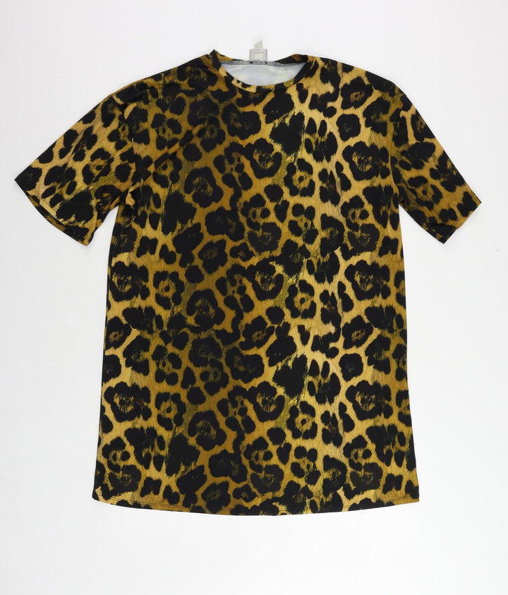ASOS Womens Black Animal Print Polyester T-Shirt Dress Size 8 Round Neck Pullover - Leopard Print