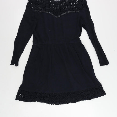 Superdry Womens Blue Cotton Skater Dress Size M Round Neck Pullover - Crochet Detail Elastic Waist
