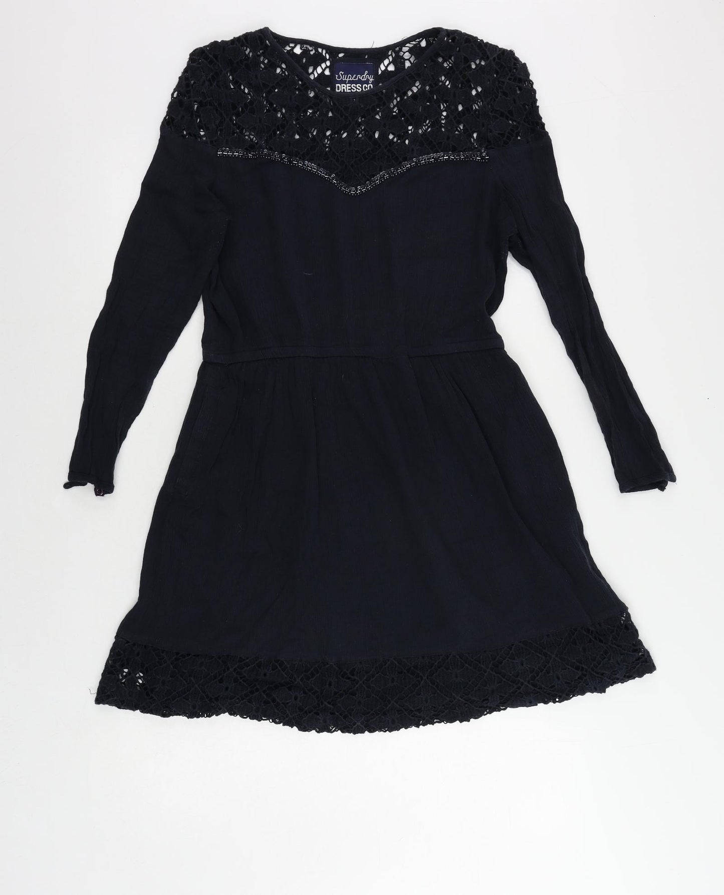 Superdry Womens Blue Cotton Skater Dress Size M Round Neck Pullover - Crochet Detail Elastic Waist