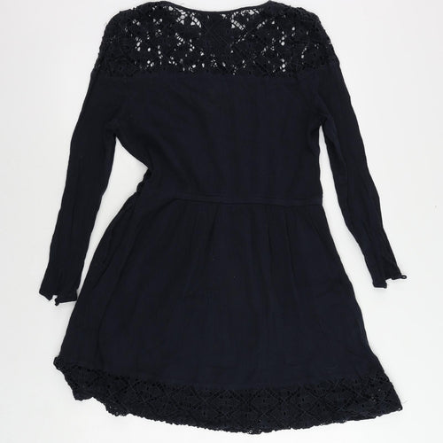 Superdry Womens Blue Cotton Skater Dress Size M Round Neck Pullover - Crochet Detail Elastic Waist