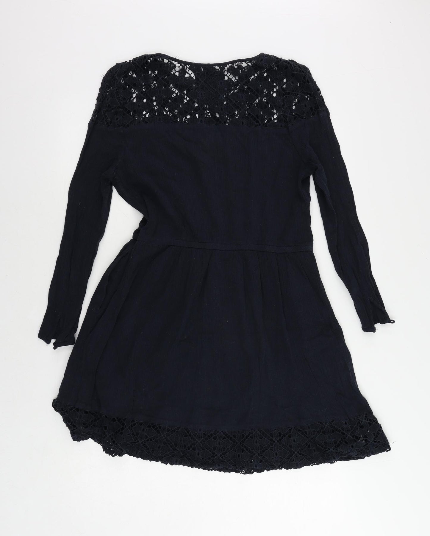 Superdry Womens Blue Cotton Skater Dress Size M Round Neck Pullover - Crochet Detail Elastic Waist