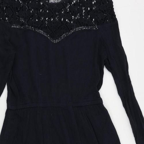 Superdry Womens Blue Cotton Skater Dress Size M Round Neck Pullover - Crochet Detail Elastic Waist