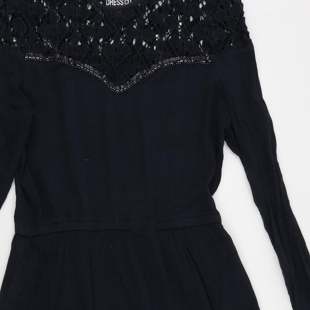 Superdry Womens Blue Cotton Skater Dress Size M Round Neck Pullover - Crochet Detail Elastic Waist