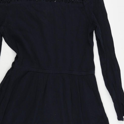 Superdry Womens Blue Cotton Skater Dress Size M Round Neck Pullover - Crochet Detail Elastic Waist