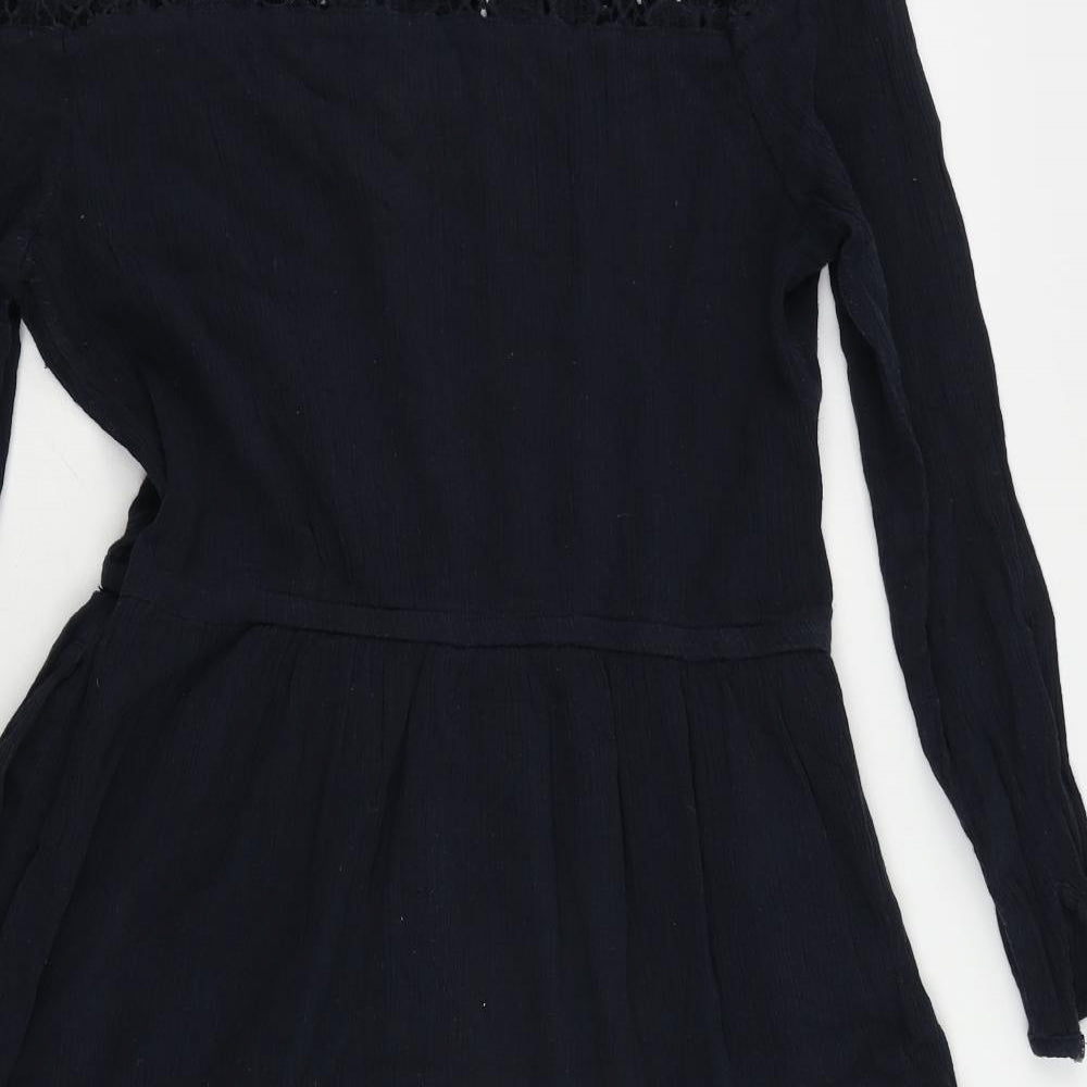 Superdry Womens Blue Cotton Skater Dress Size M Round Neck Pullover - Crochet Detail Elastic Waist