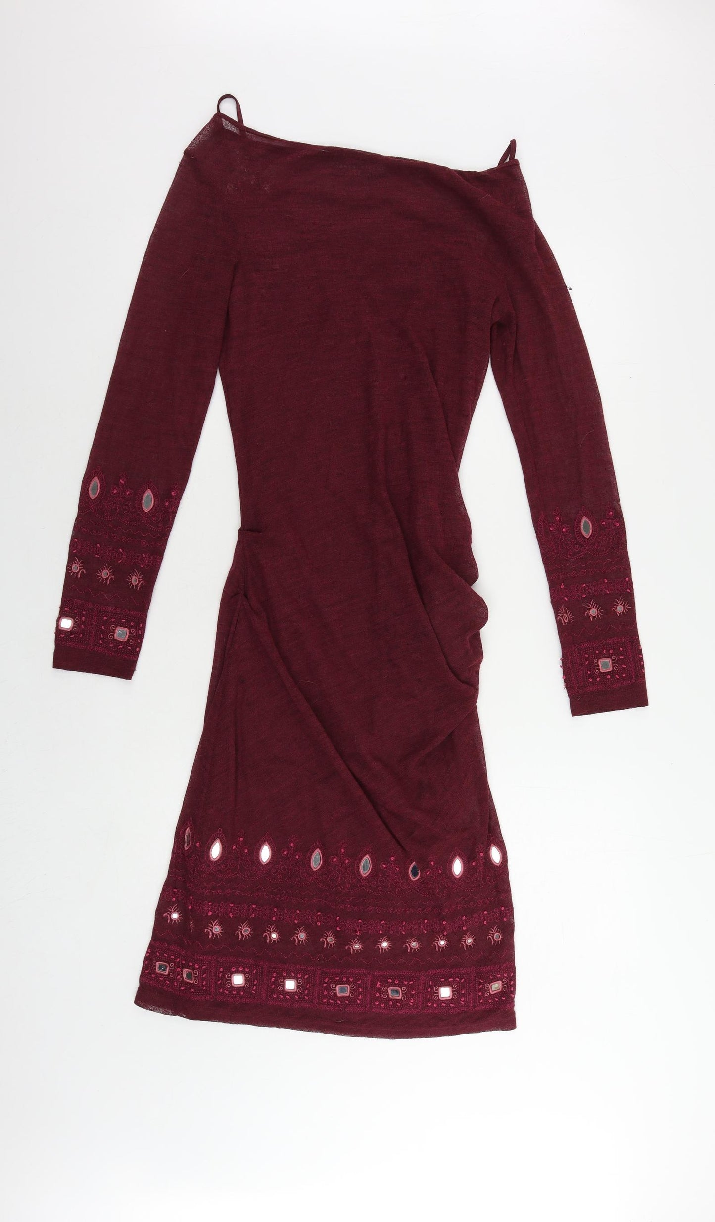 Karen Millen Womens Red Wool Sheath Size 12 Boat Neck Pullover - Embroidered