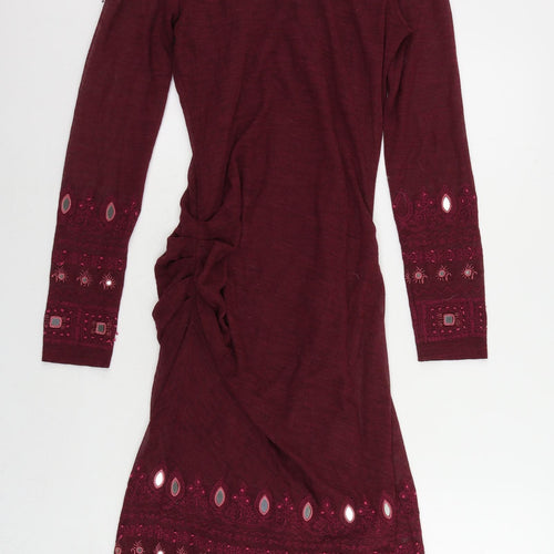 Karen Millen Womens Red Wool Sheath Size 12 Boat Neck Pullover - Embroidered