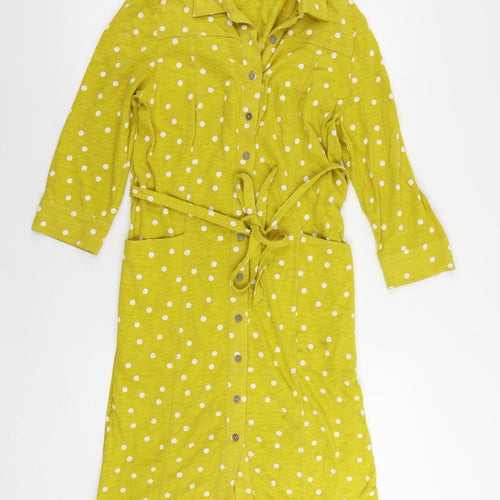 Boden Womens Yellow Polka Dot Cotton Shirt Dress Size 12 Collared Button - Belted