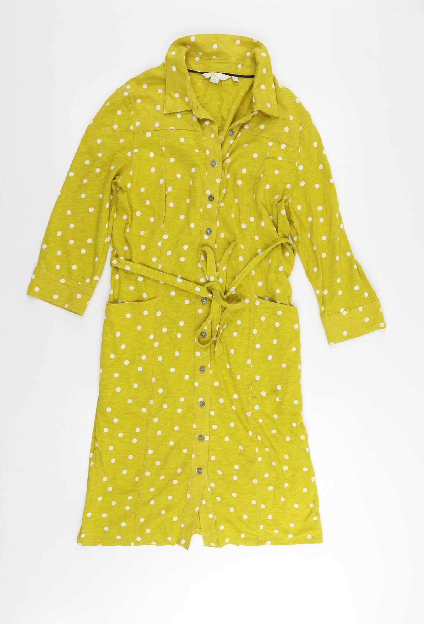 Boden Womens Yellow Polka Dot Cotton Shirt Dress Size 12 Collared Button - Belted