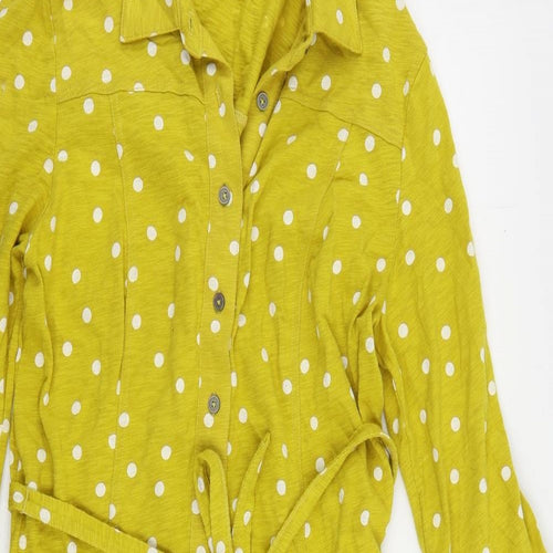 Boden Womens Yellow Polka Dot Cotton Shirt Dress Size 12 Collared Button - Belted