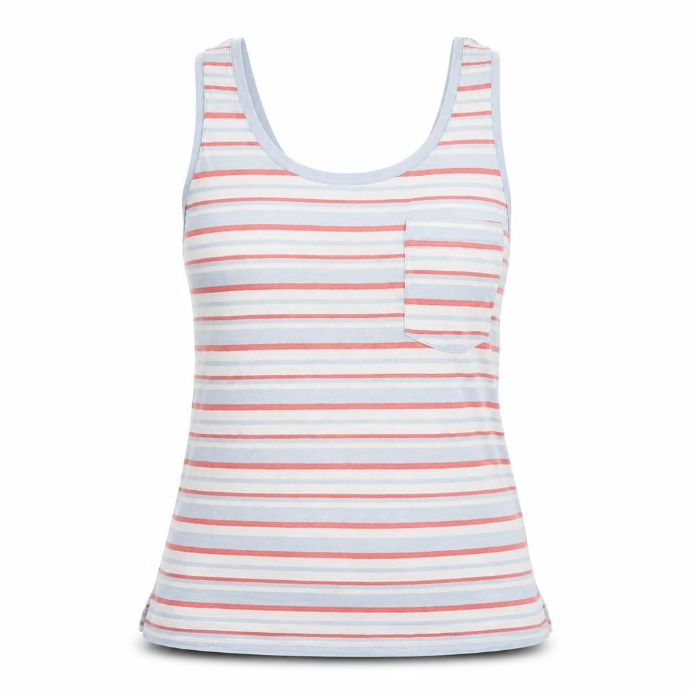 Front view of Next women’s multicoloured striped cotton basic tank, size UK 6, scoop neck