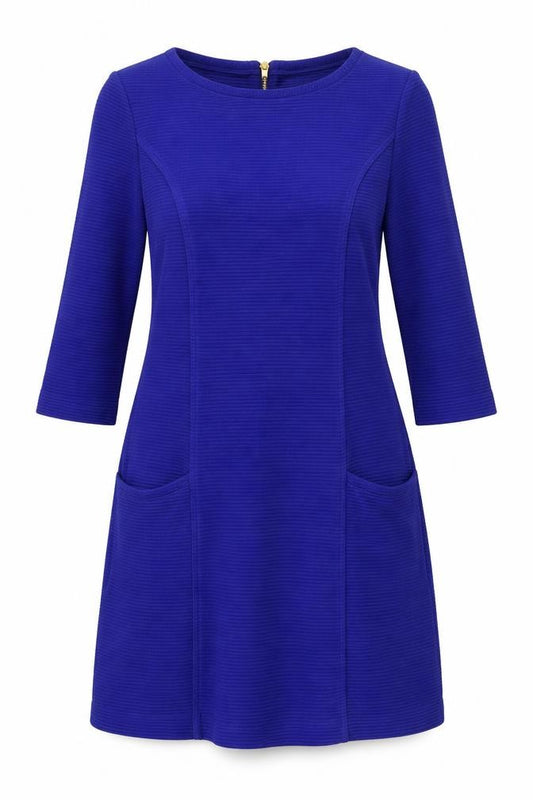 Front view of Monsoon women’s blue cotton a-line, size UK 14, boat neck zip - pockets