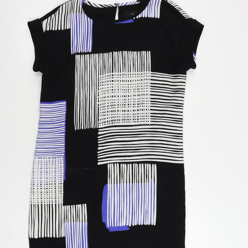 NEXT Womens Black Geometric Polyester Shift Size 6 Round Neck Button - Lined