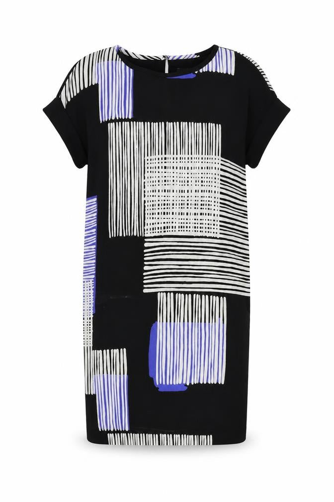 Next Womens Black Geometric Polyester Shift Size 6 Round Neck Button - Lined