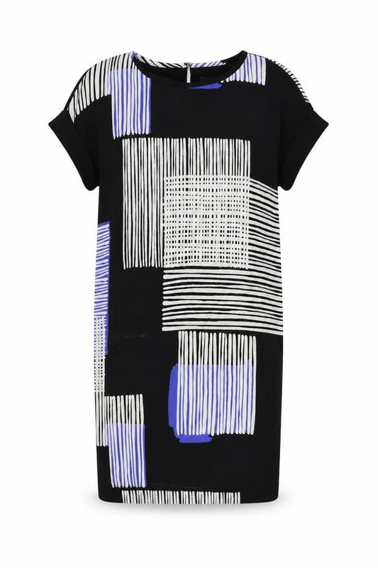 Front view of Next women’s black geometric polyester shift, size UK 6, round neck button - lined