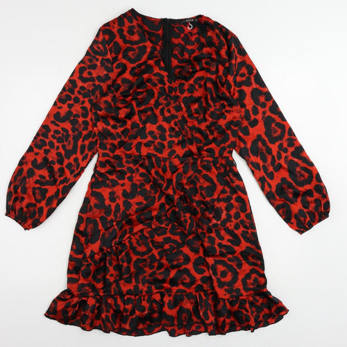 Quiz Womens Red Animal Print Polyester A-Line Size 12 V-Neck Zip - Ruffle