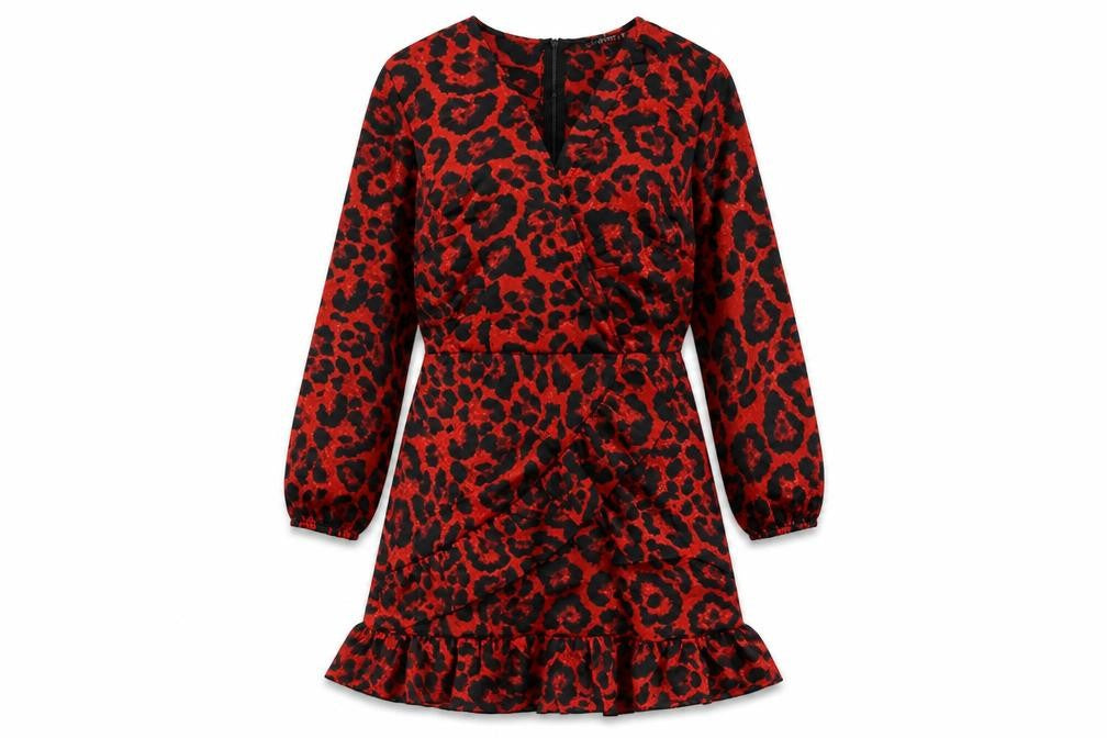 Quiz Womens Red Animal Print Polyester A-Line Size 12 V-Neck Zip - Ruffle